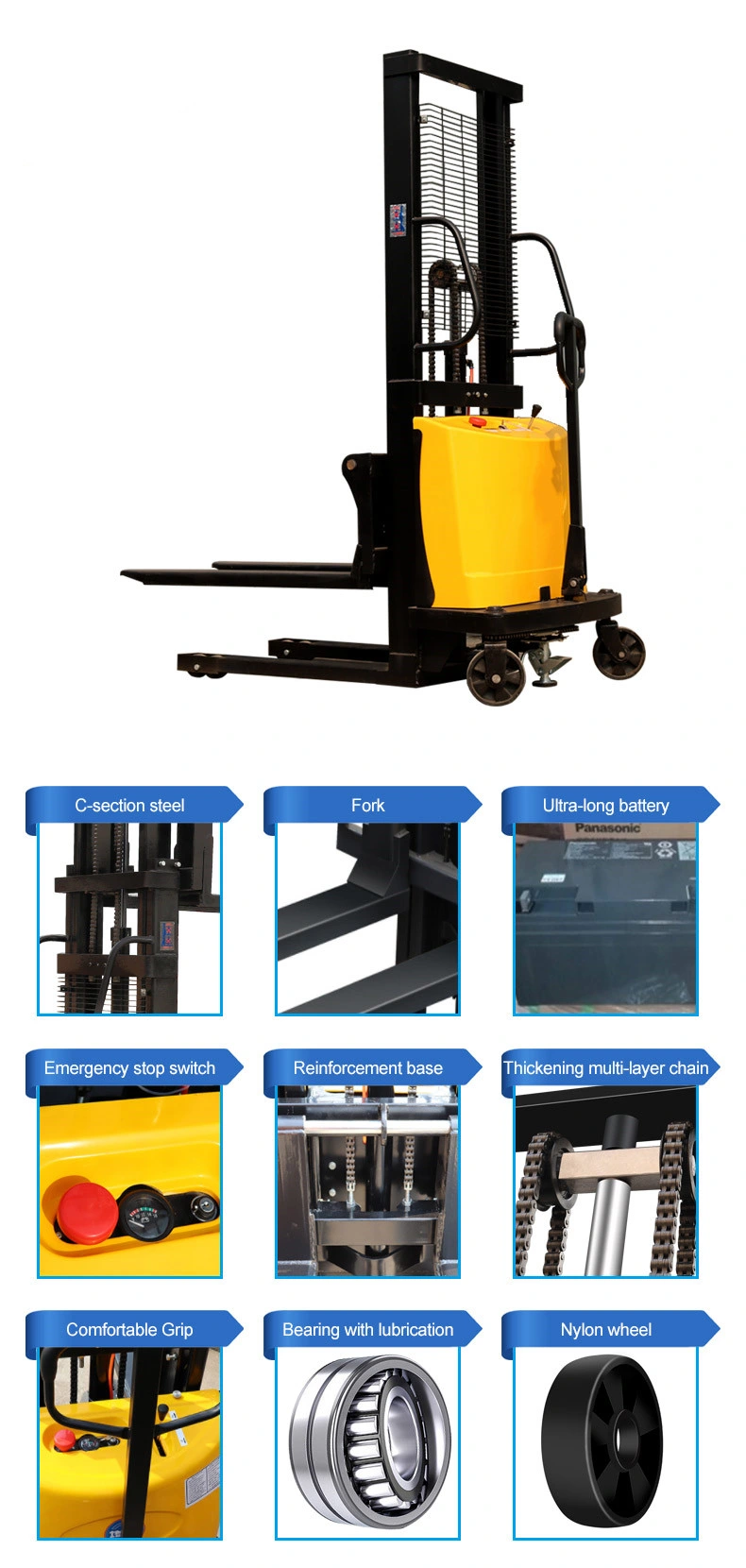 Small Electric Forklift Pallet Lift Stacker Capacity 1000/2000kg Semi Electric Forklift